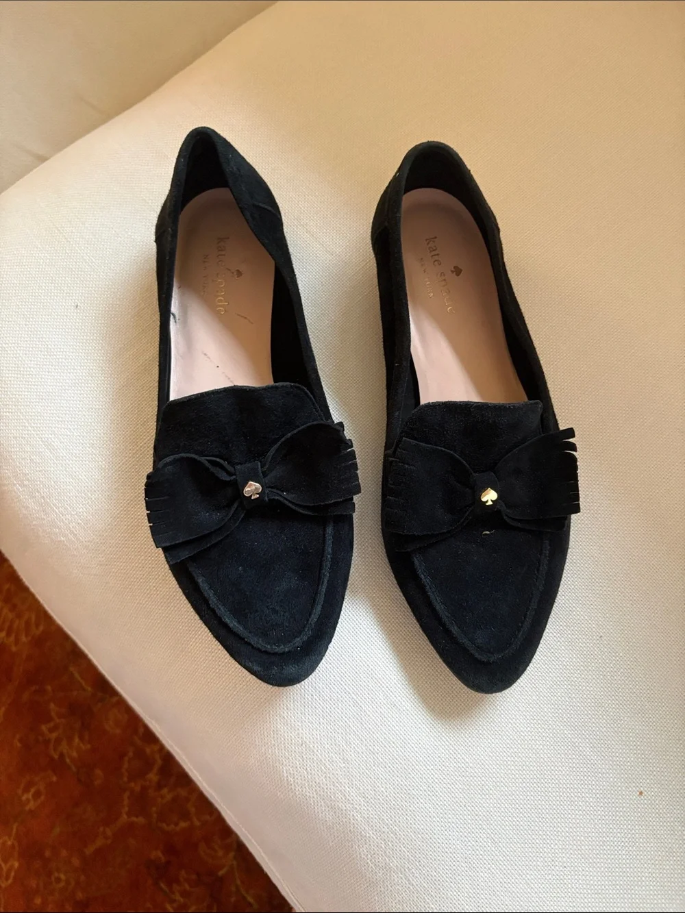 kate spade Black Suede Bow Loafers with Gold Spade Charm